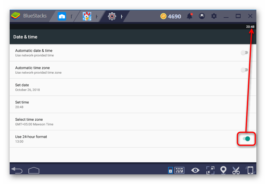 Переключение формата времени обратно в настройках Android в BlueStacks