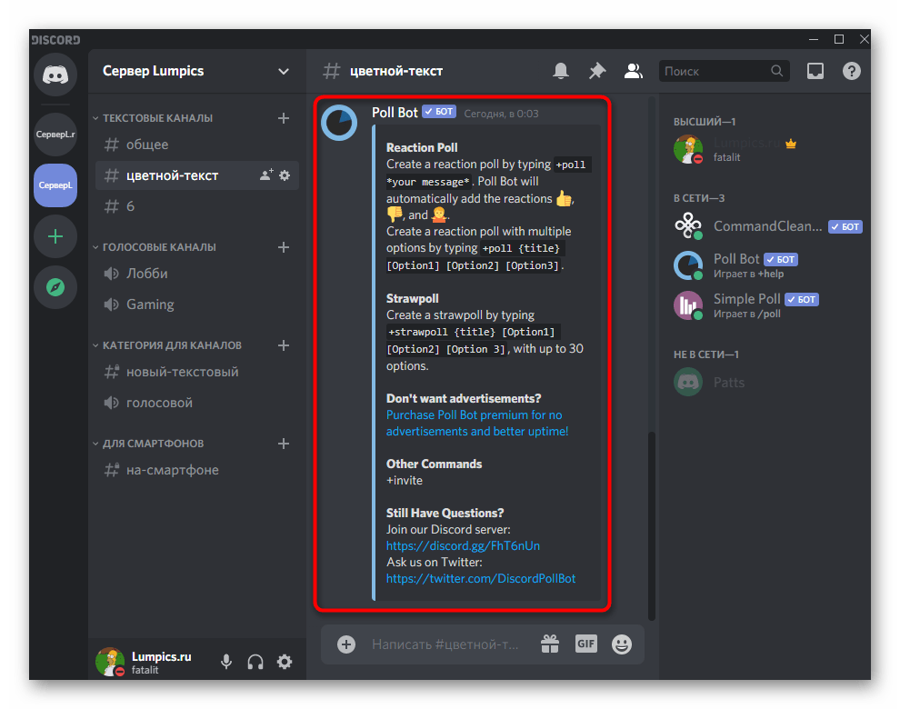 Ознакомление с описанием бота и его настройки при использовании Discord на компьютере