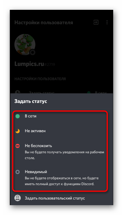 Функции смены статусов и установка пользовательского при использовании Discord на телефоне