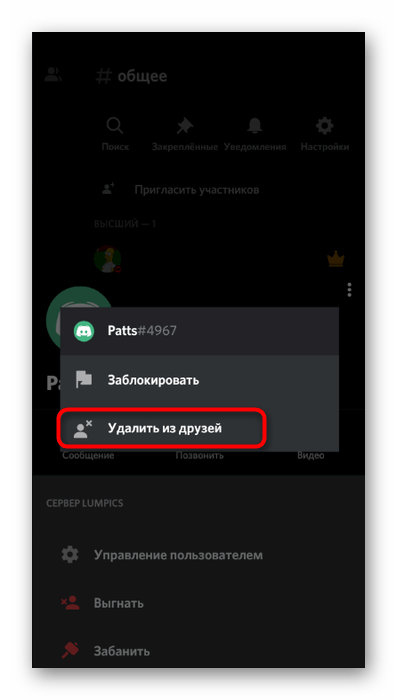 Удаление пользователя из списка друзей при использовании Discord на телефоне
