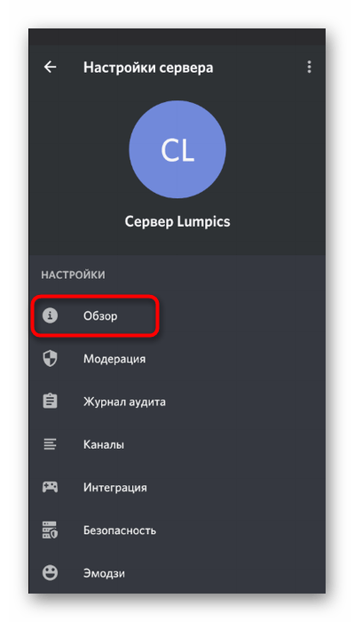 Переход в раздел Обзор для добавления эмодзи в название сервера в мобильном приложении Discord