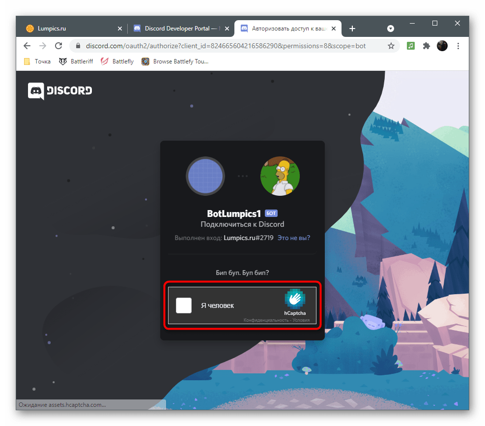 Подтверждение капчи для создания бота в Discord через портал разработчиков