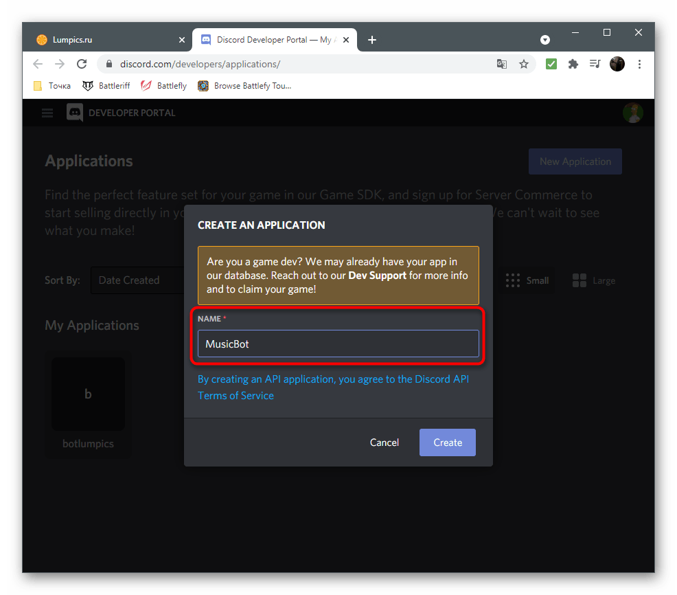 Ввод названия при регистрации нового приложения для создания музыкального бота в Discord