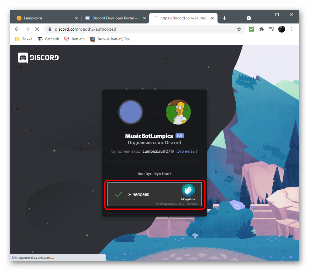 Успешная авторизация после перехода по ссылке для создания музыкального бота в Discord