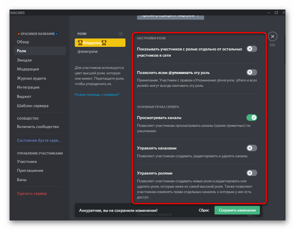 Проверка правил новой роли владельца для красивого оформления сервера в Discord