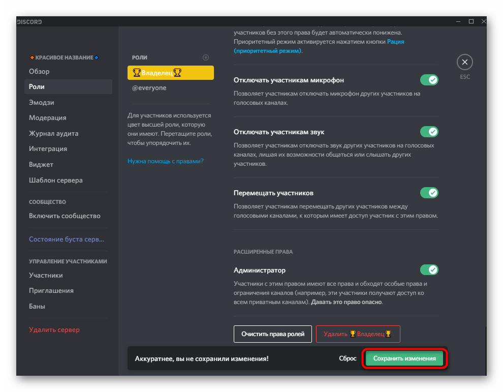 Сохранение изменений после создания роли владельца для красивого оформления сервера в Discord