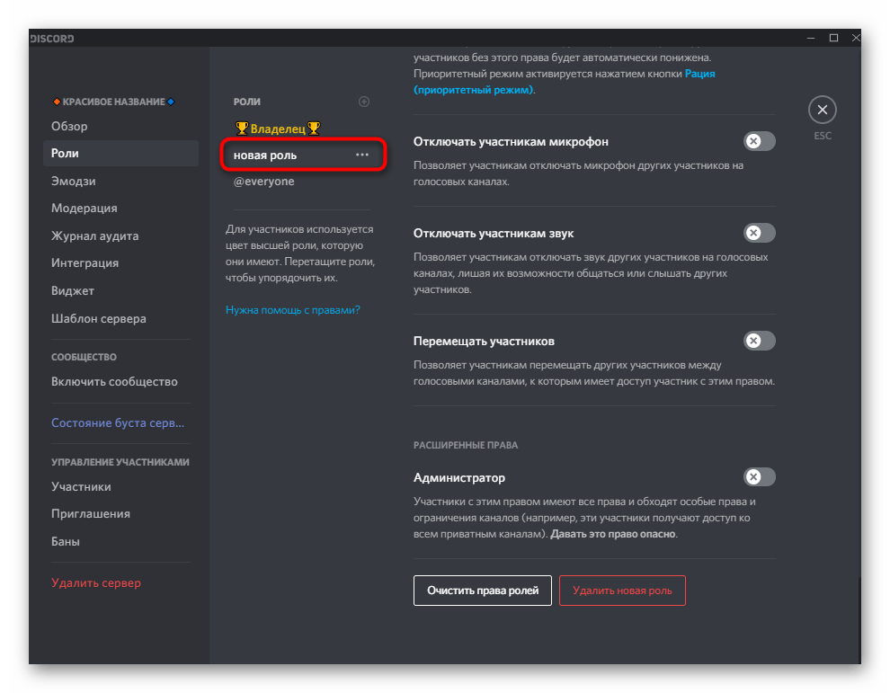 Создание новой роли администратора для красивого оформления сервера в Discord