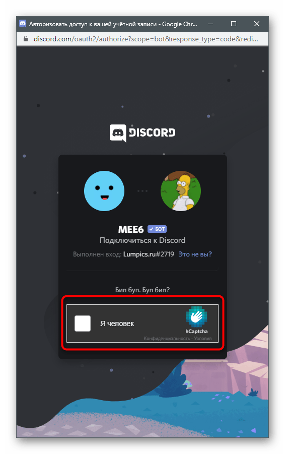 Ввод капчи при авторизации бота для красивого оформления сервера в Discord