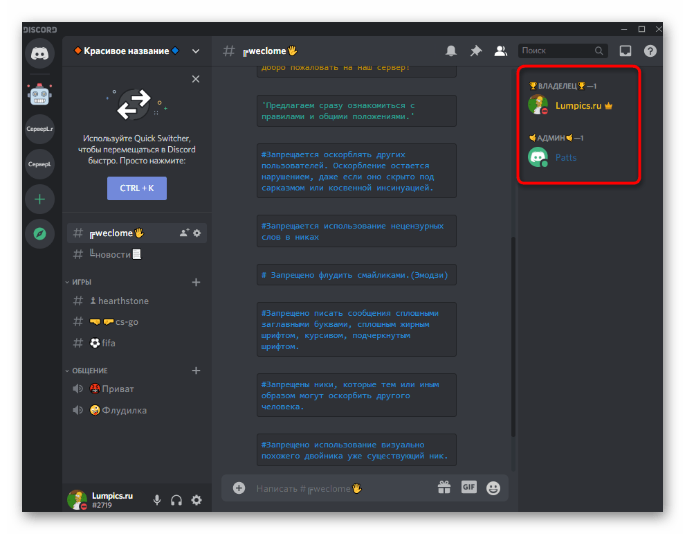 Просмотр отображения настроенных ролей для красивого оформления сервера в Discord