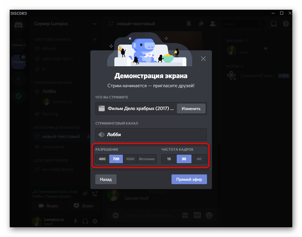 Выбор параметров демонстрации экрана для совместного просмотра фильмов в Discord