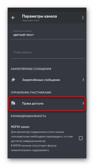 Открытие прав канала для настройки полномочий бота в мобильном приложении Discord