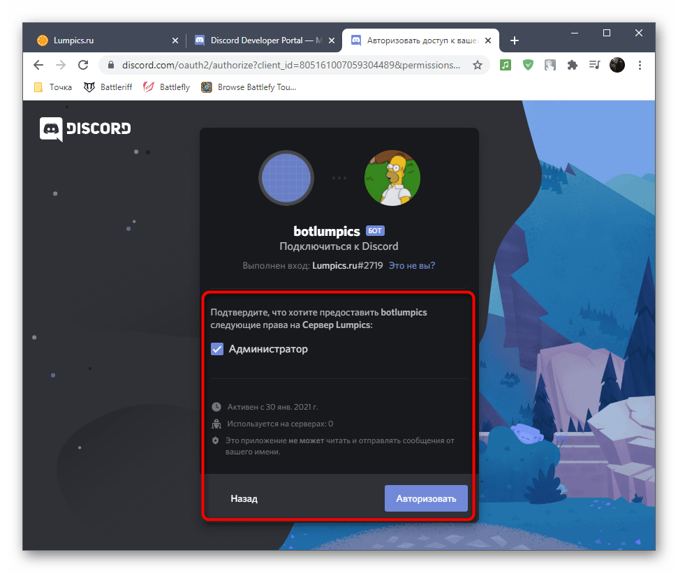 Просмотр разрешений для авторизации собственного пользователя-бота на сервере в Discord