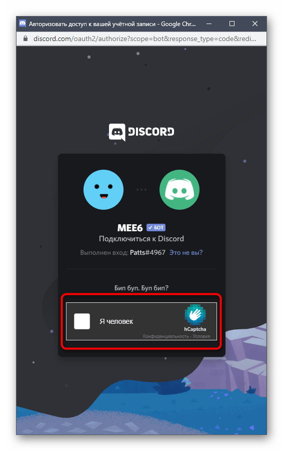 Ввод капчи при авторизации бота на сервере в Discord через официальный сайт