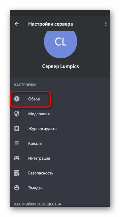 Открытие общих настроек сервера для решения проблем со слышимостью в мобильном приложении Discord