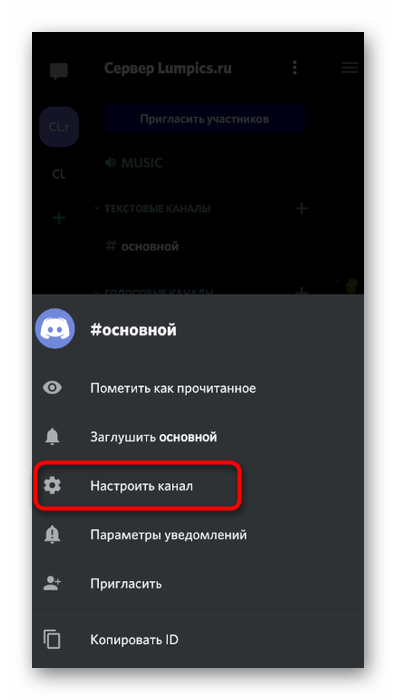 Открытие настроек текстового канала для его настройки перед проведением опроса в мобильном приложении Discord