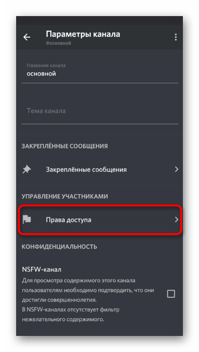 Открытие прав доступа текстового канала для настройки его перед отправкой опросов в мобильном приложении Discord