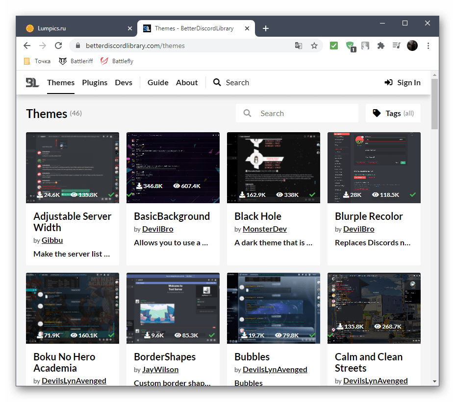 Ознакомление с доступными темами на сайте BetterDiscord для установки тем в Discord на компьютере