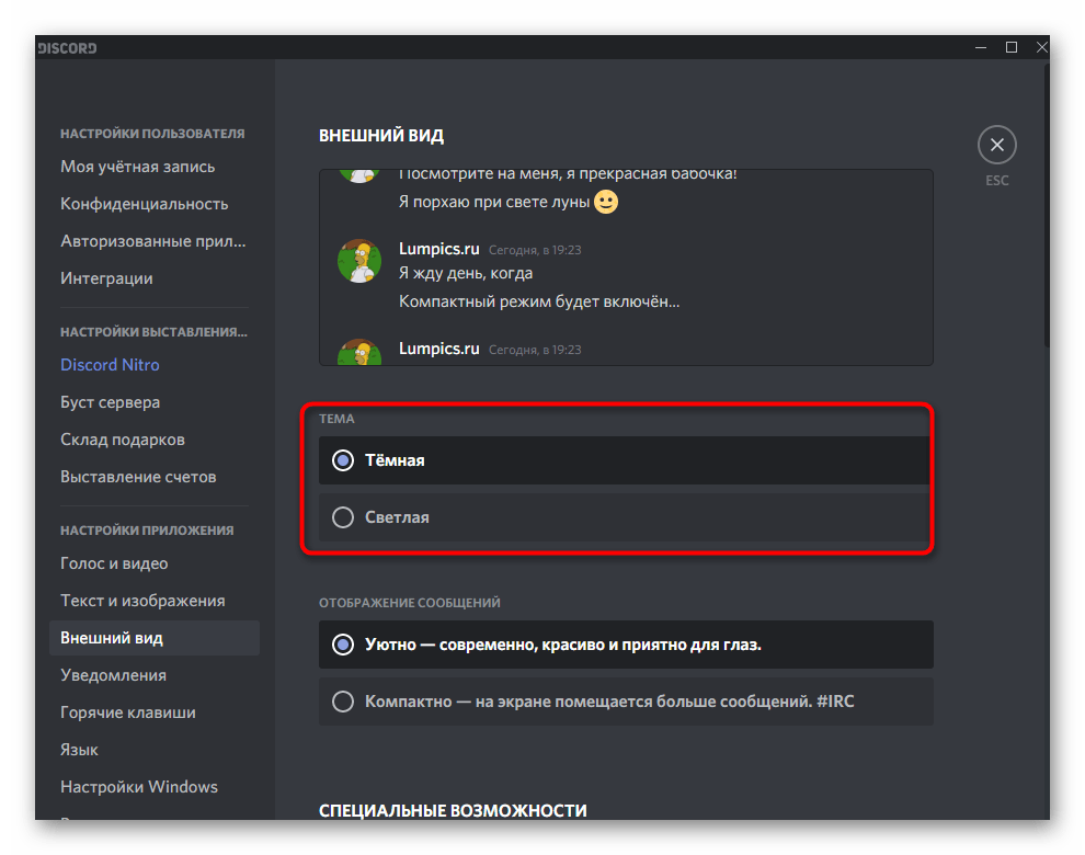 Выбор одной из двух доступных тем внешнего вида для Discord на компьютере
