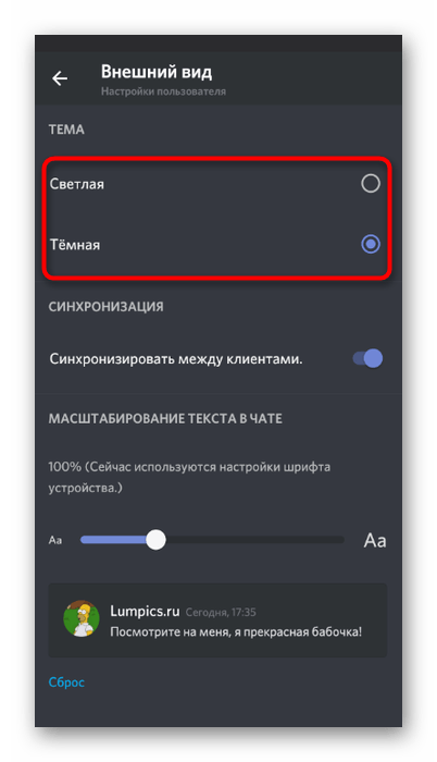 Выбор одной из доступных тем внешнего вида в мобильном приложении Discord