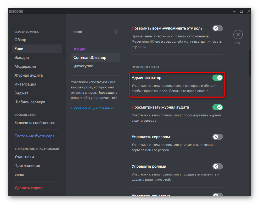 Активация прав администратора для бота CommandCleanup в Discord перед очисткой чатов