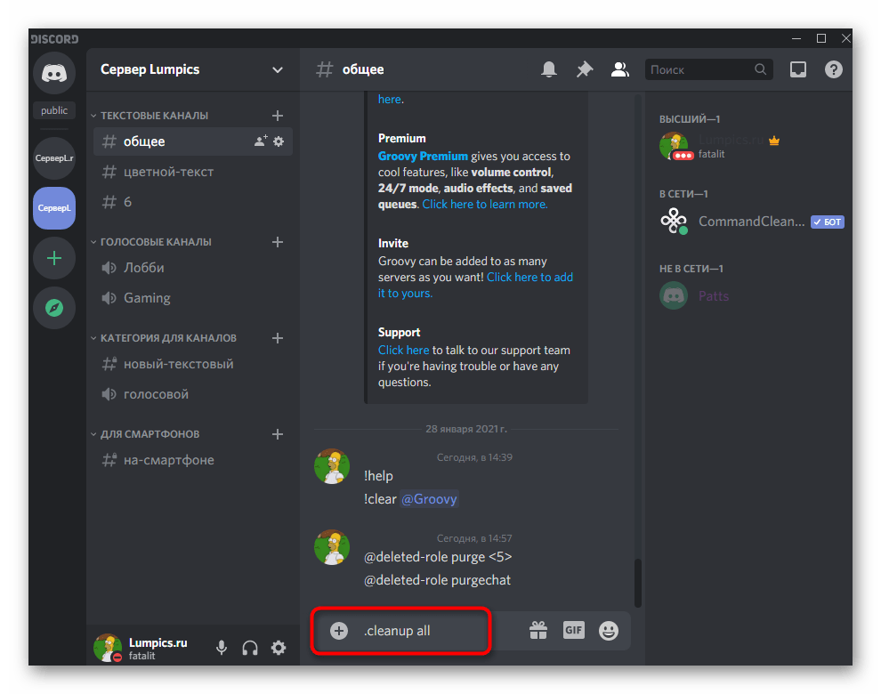 Команда для полного удаления текстового чата при помощи бота CommandCleanup в Discord