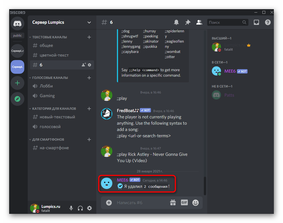 Информация об успешном удалении всего чата при помощи бота MEE6 в Discord
