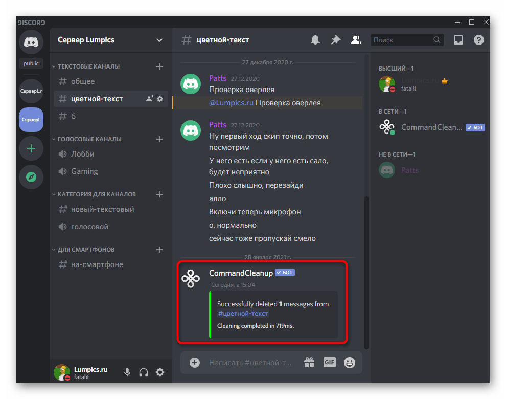 Уведомление об успешной очистке сообщений в чате при помощи бота CommandCleanup в Discord