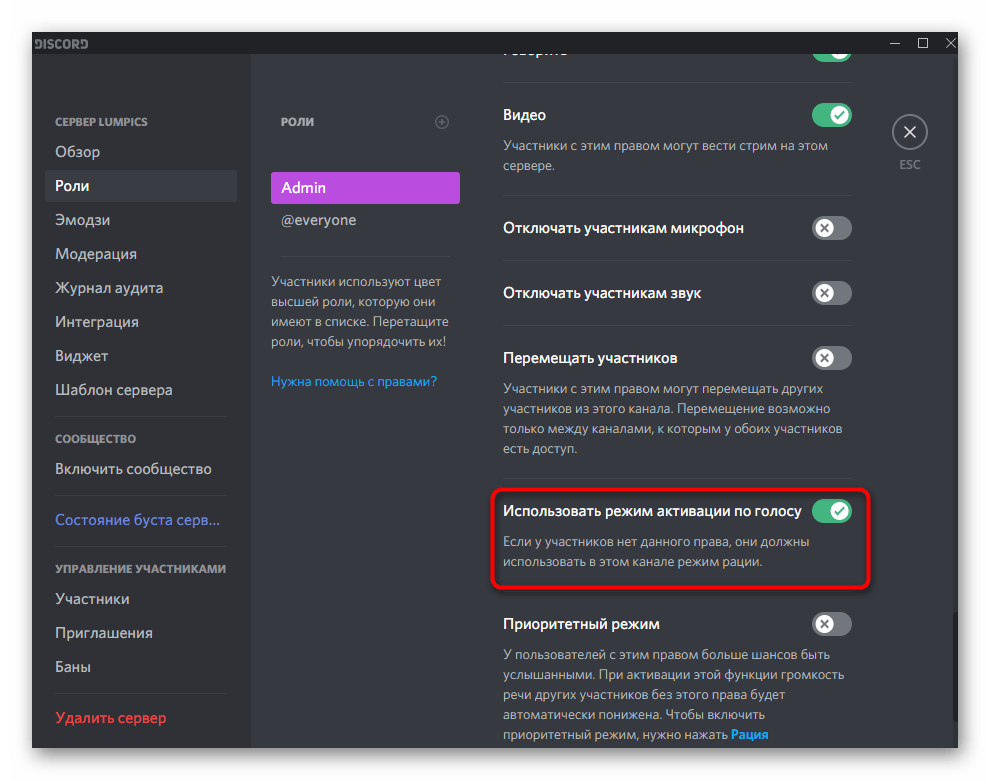 Настройка права использования режима активации по голосу для выбранной роли в Discord на компьютере