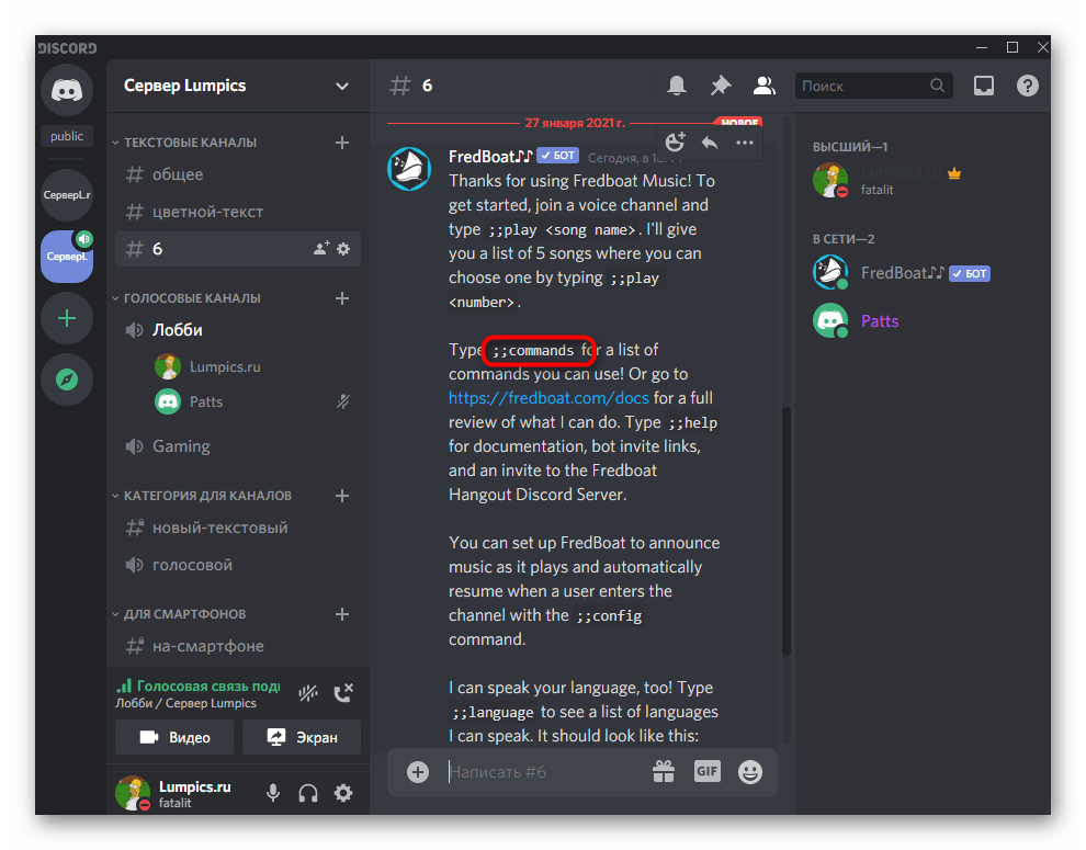 Ознакомление с основными командами для музыкального бота FredBoat на сервере в Discord на компьютере