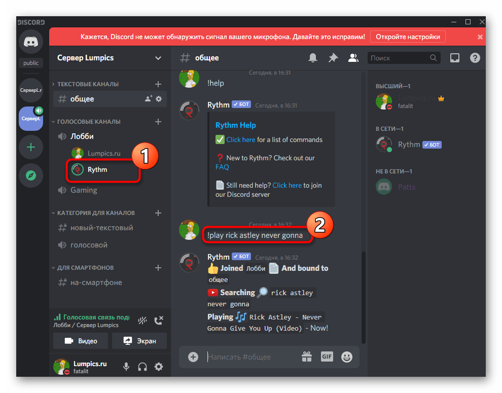 Команда для воспроизведения трека для музыкального бота RythmBot на сервере в Discord на компьютере