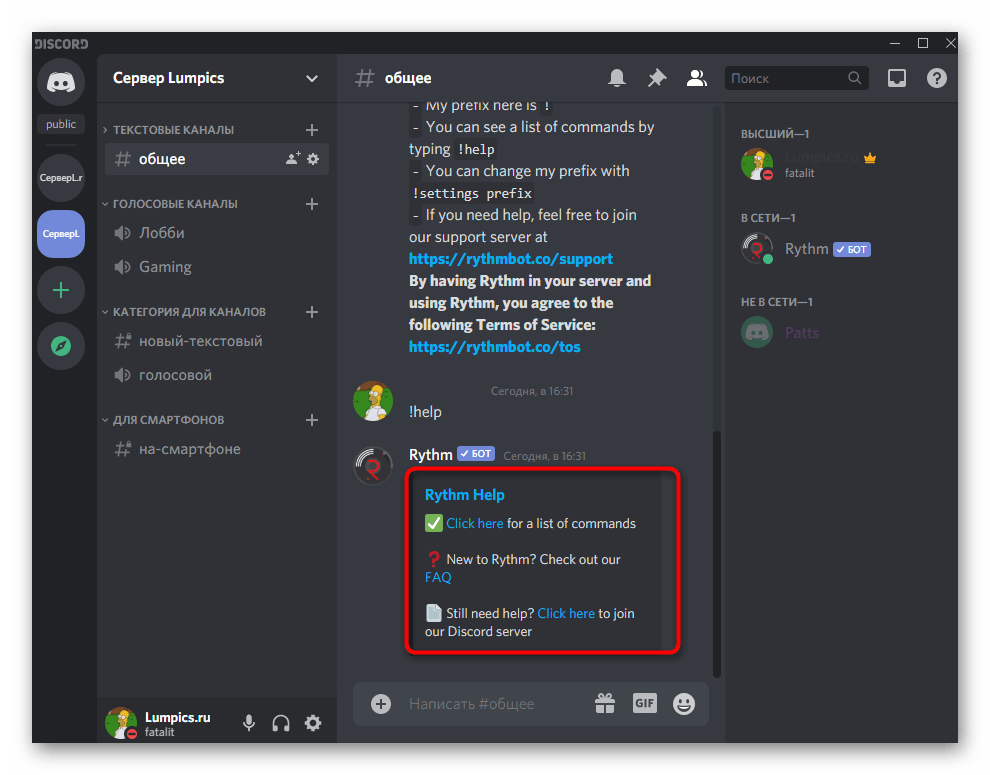 Сообщение с информацией о помощи от музыкального бота RythmBot на сервере в Discord на компьютере