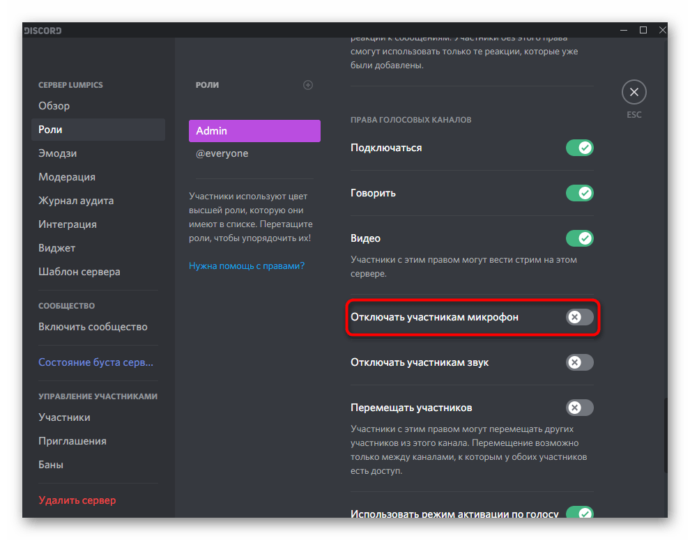 Право на отключение другим участникам микрофона на сервере в Discord на компьютере