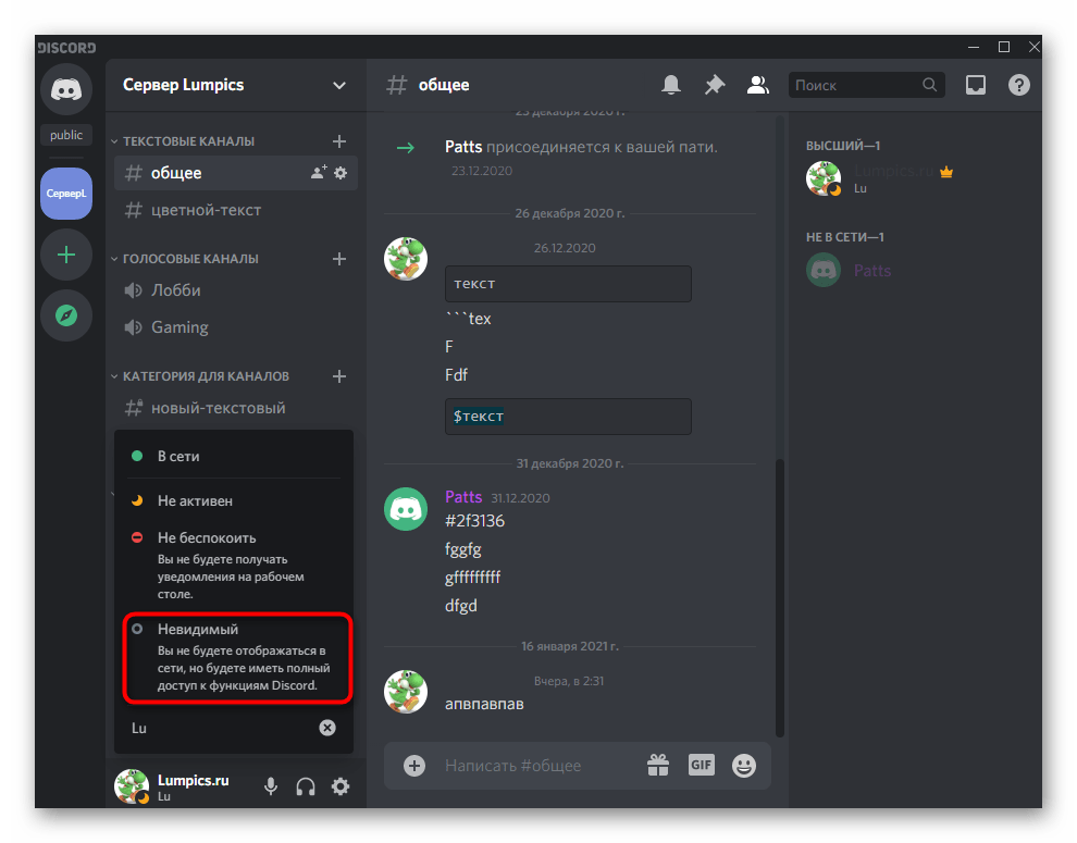 Использование статуса невидимки для пользователя в Discord на компьютере