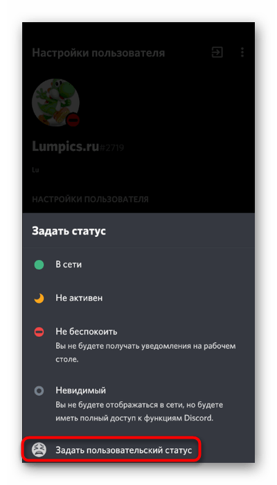 Переход к смене пользовательского статуса в мобильном приложении Discord