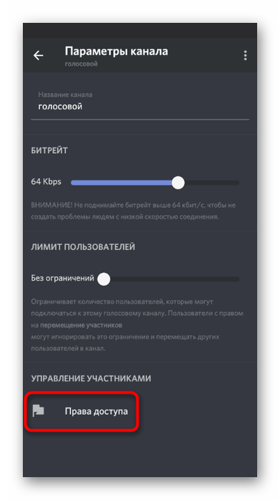 Открытие прав голосового канала для настройки использования камеры в мобильном приложении Discord