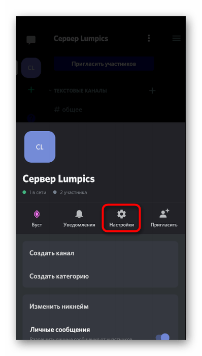 Открытие настрое сервера для управления ролями в мобильном приложении Discord