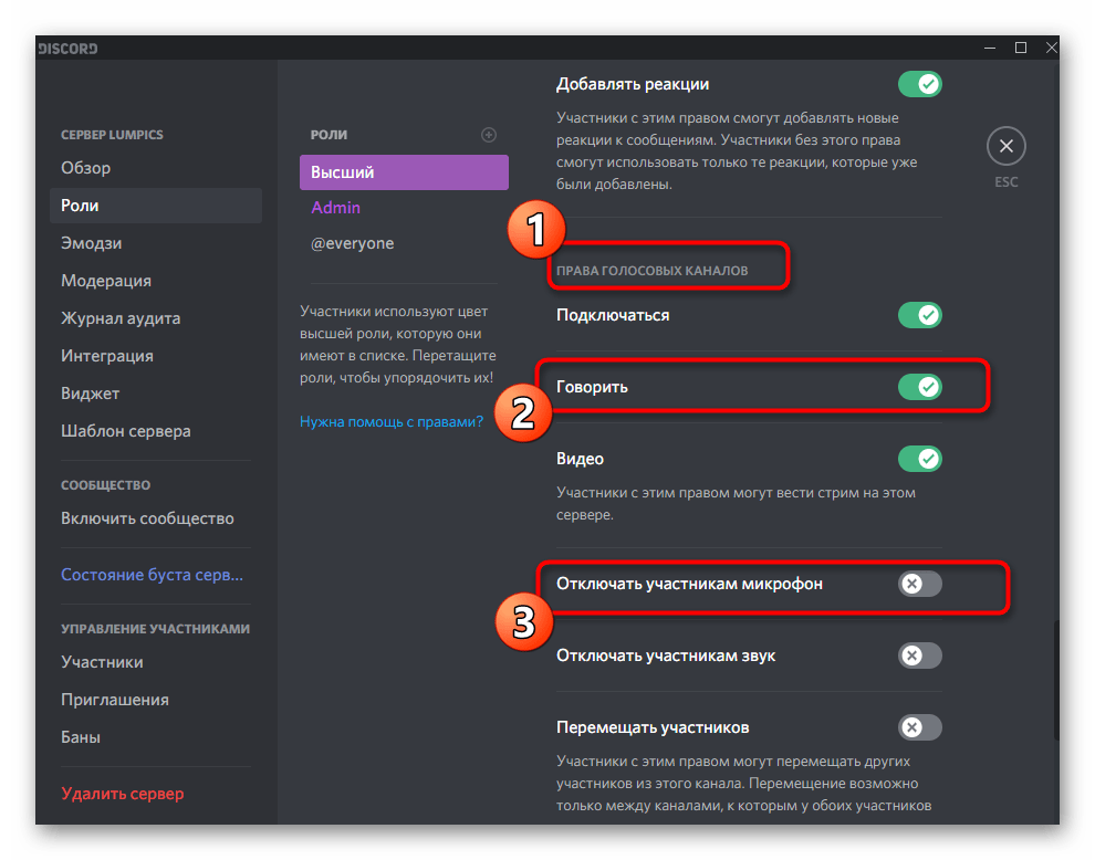 Предоставление разрешений для использования микрофона для роли в Discord на компьютере