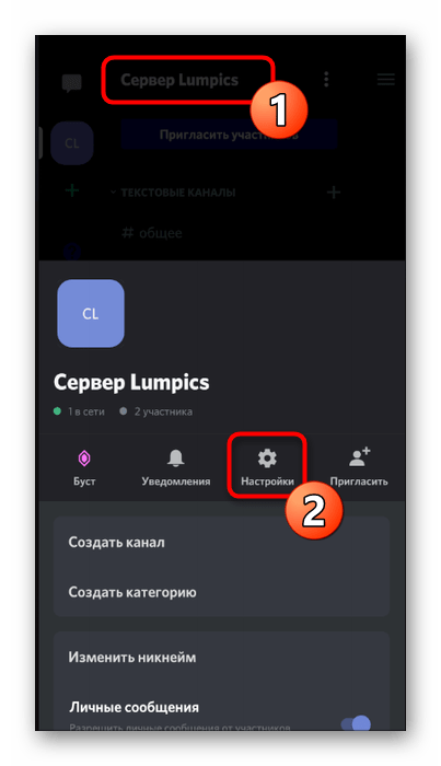 Переход в настройки сервера для удаления роли в мобильном приложении Discord