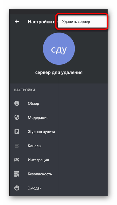 Кнопка для удаления сервера через его настройки в мобильном приложении Discord