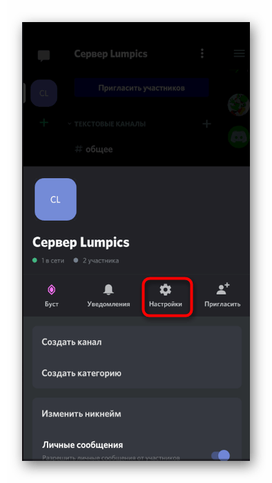 Переход в настройки сервера для настройки звука у ролей в мобильном приложении Discord