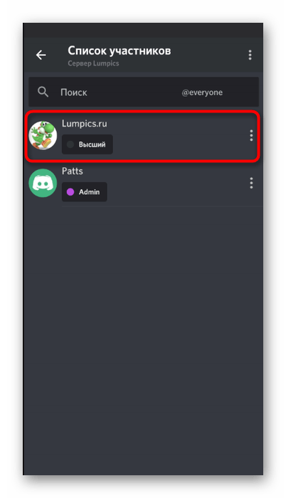 Выбор участника для присвоения невидимого ника в мобильном приложении Discord