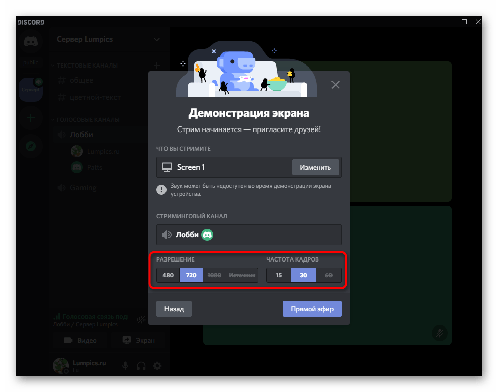 Параметры разрешения и частоты кадров при настройке демонстрации экрана в Discord на компьютере