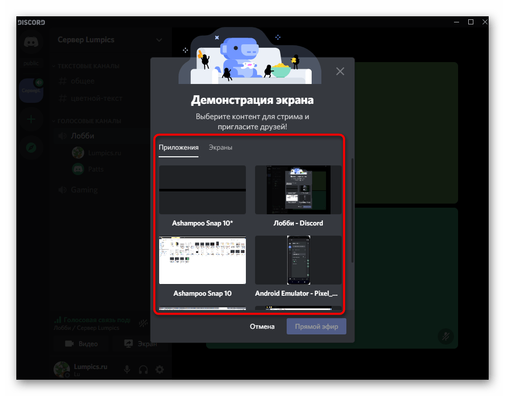 Выбор окна для демонстрации экрана при подключении к голосовому каналу в Discord на компьютере