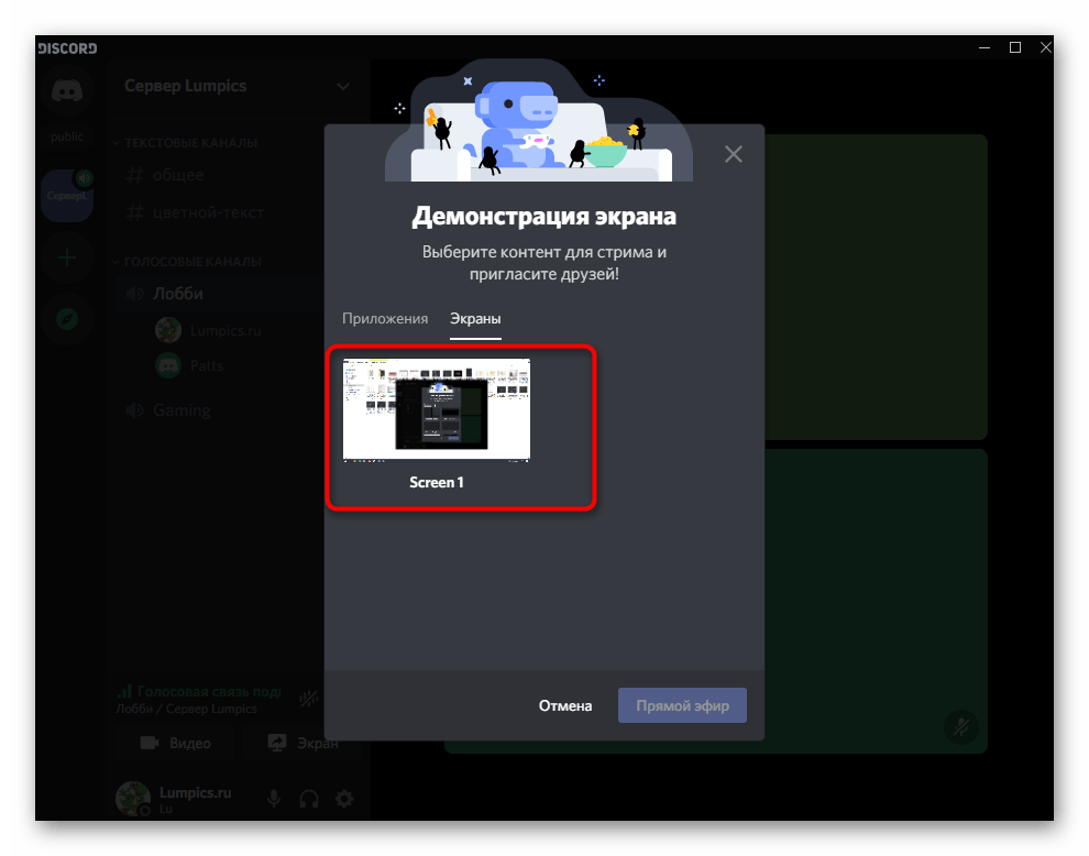 Выбор экрана для демонстрации в голосовом чате в Discord на компьютере