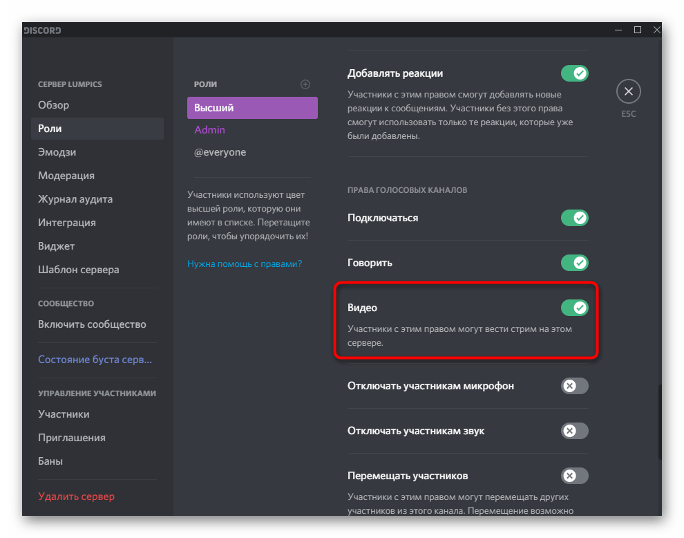 Включение права на проведение прямых трансляций в Discord при настройке роли