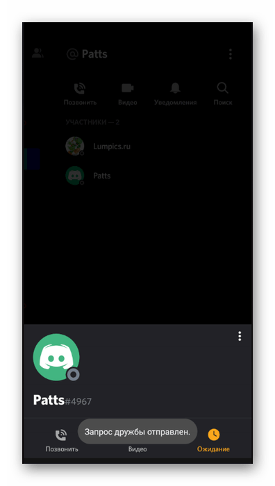 Успешная отправка запроса в друзья через личную переписку в мобильном приложении Discord