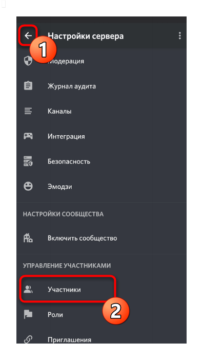 Открытие меню с участниками для передачи прав администратора в мобильном приложении Discord