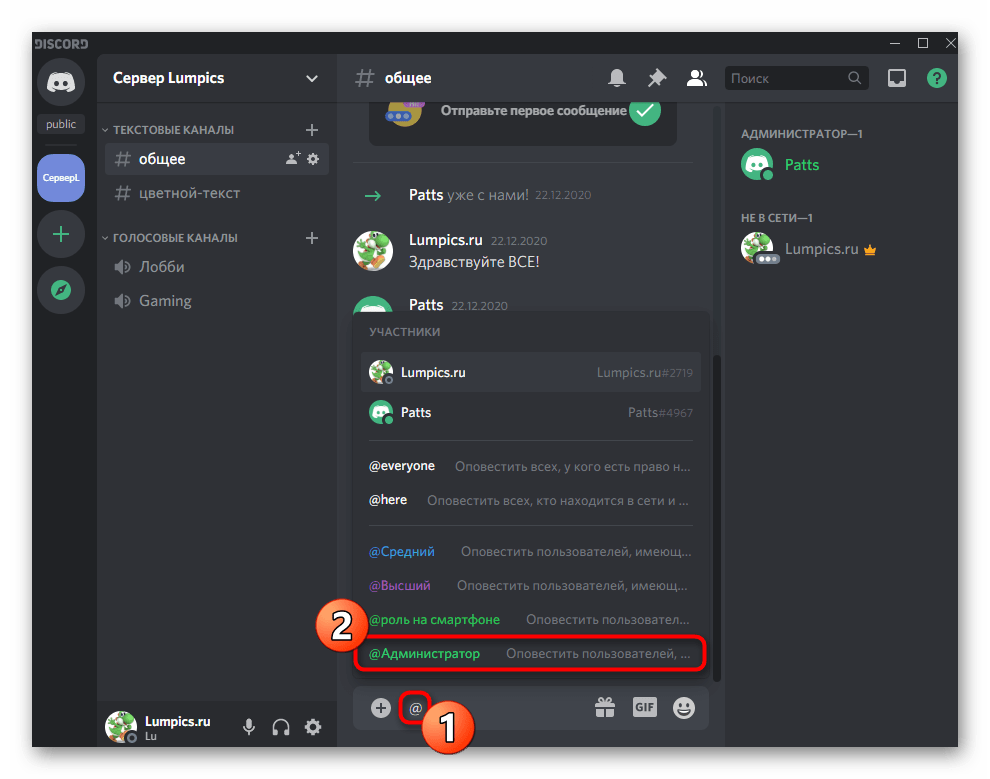 Проверка работы упоминаний для администратора в Discord на компьютере