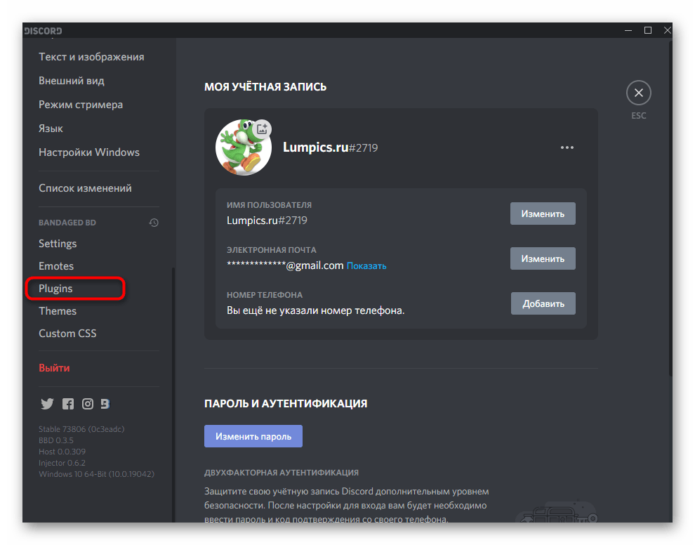 Открытие раздела с плагинами для настройки анимированного статуса в Discord