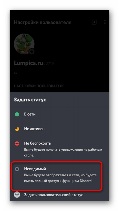 Включение режима невидимки для отключения отображения игр в мобильном приложении Discord